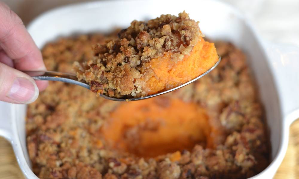 Sous vide sweet potatoes truly live up to their name- their sweet flavor is prominent in this casserole dish.