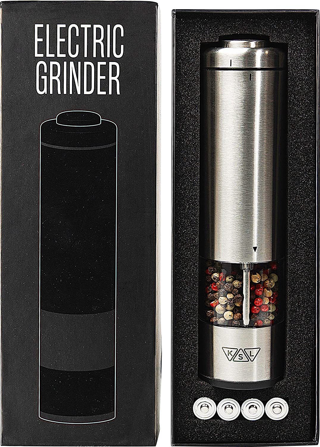 KSL Gravity Electric Salt and Pepper Grinder Set (Black) - Battery Operated  Mill, Automatic Shaker with Light 
